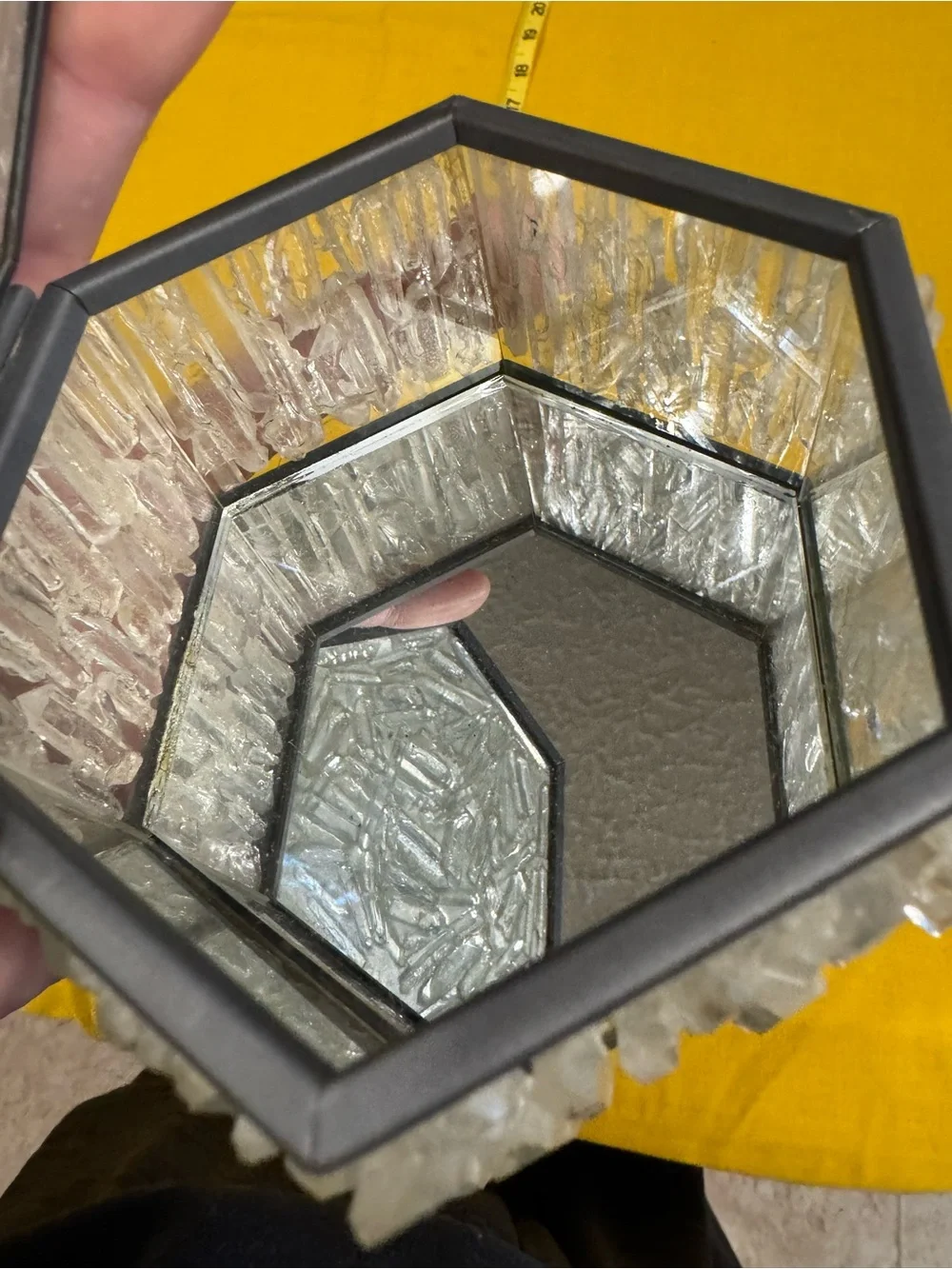 Vintage Hexagonal Raw Clear Quartz Crystal Mirror Trinket Box